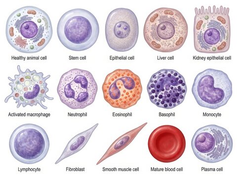 Detailed illustration showing different human cell types with labels indicating names.