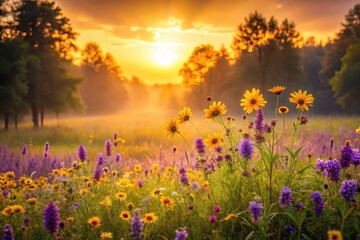 Obraz premium Golden Hour Meadow Vibrant wildflowers bathed in the warm glow of a sunrise, creating a picturesque scene of natural beauty and tranquility.