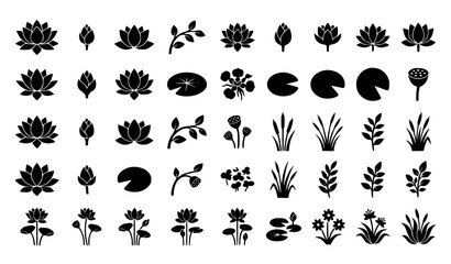 Minimalist Lotus Flower and Lily Pad Silhouette Vector Set for Botanical and Spa Design © Lipon