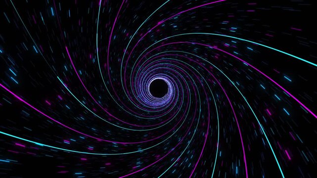 Neon spiral vortex background cyan and magenta curved lines, fast particles, black tunnel depth, hypnotic motion. music videos, sci fi intros, gaming titles, cyber promos, overlays.
