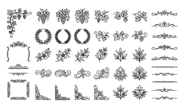 Minimalist Grapevine Floral and Decorative Swirl Line Art Vector Collection for Wine Labels and Vintage Design