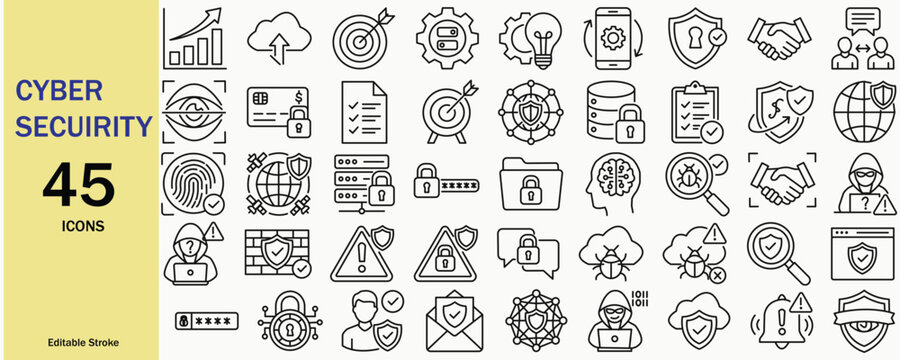 Cyber Security Outline Vector Icon Set | Data Protection, Privacy, Network Security & Digital Safety Icons