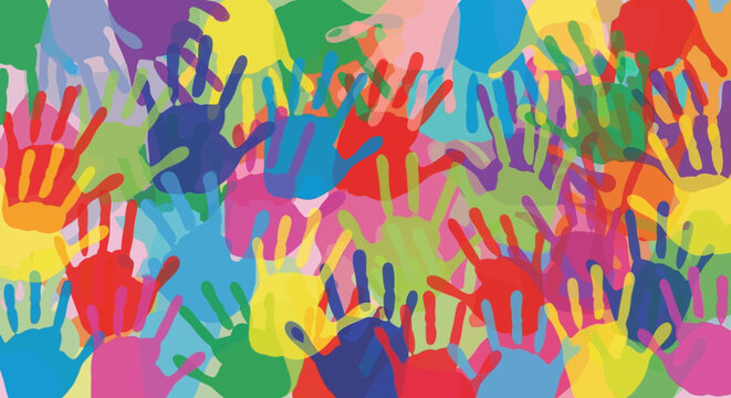 Colorful handprints overlap to create a vibrant and abstract background design for various concepts