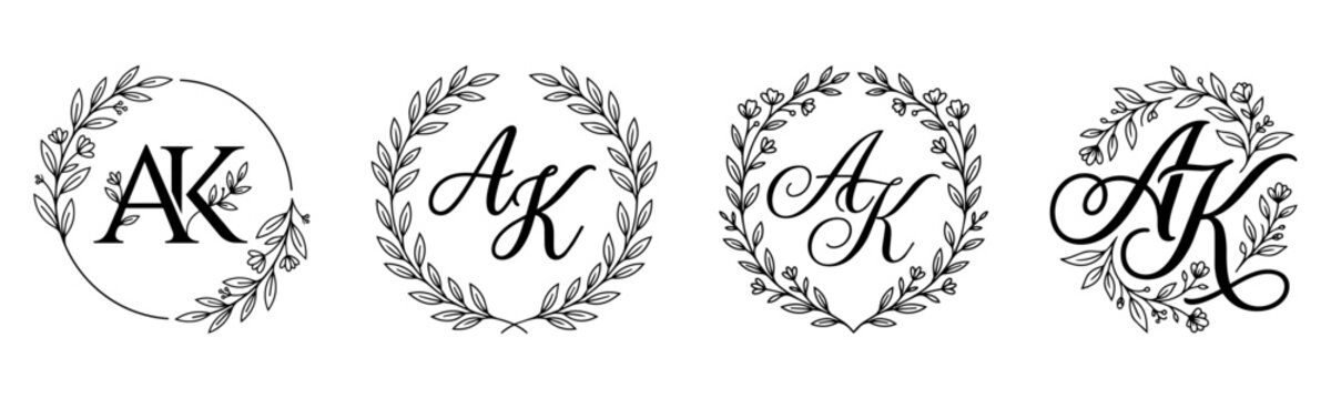 AK Monogram Set with Elegant Botanical Wreath and Floral Initial Letters Vector