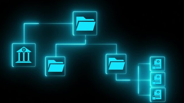 Secure digital file management system with structured folder hierarchy and document access control, showing business professional working organize, protect, and manage enterprise data