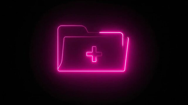 Neon folder icon with plus symbol glows on black background