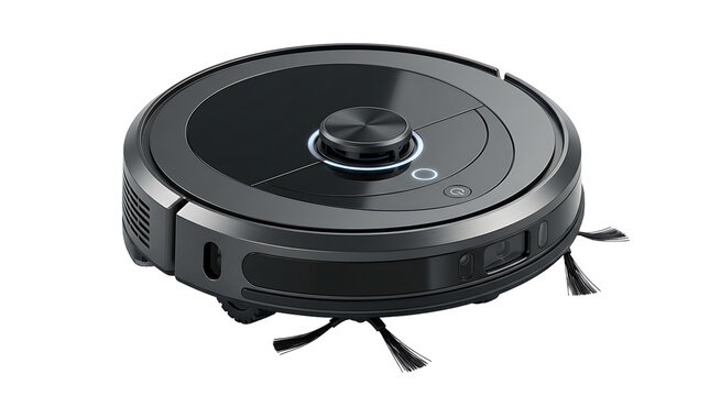 A black robotic vacuum cleaner with a circular featuring a sensor and side brushes, isolated on a clean white background, studio shot