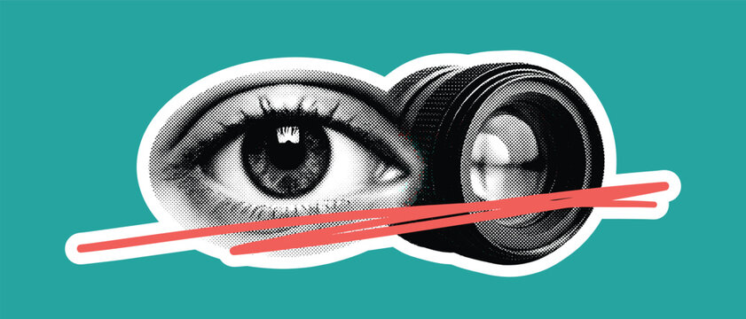 Halftone eye and camera lens collage sticker, retro surveillance vision icon with red line accent for photography and design banner