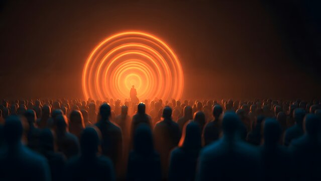 Silhouetted crowd watches captivating glowing orange concentric circles with figure in center creating mystical atmosphere on dark smoky background.