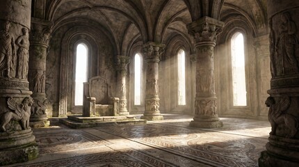 Obraz premium Ancient stone throne sits inside a majestic ruined temple featuring weathered marble columns and ethereal sunlight streaming through arched windows