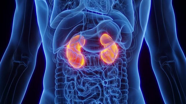 Health and healthcare 3D animation and 3D video showing kidney pain, bowel pain, 3D scan of internal organs, brain and anatomical systems
