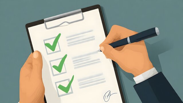 Close up of person's hand holding clipboard and pen, marking green check symbols on completed list items.