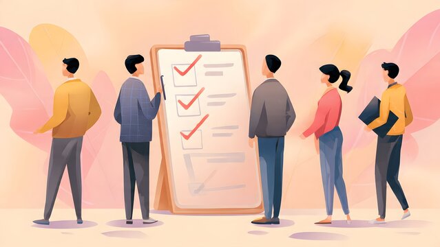 People gathered around large clipboard with red checkmarks representing successful task completion business team brainstorming and planning project goals.