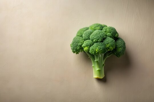 A single head of fresh broccoli rests on a neutral backdrop, a vibrant green against a subtle beige