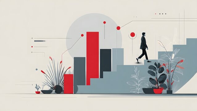 Man walking up a staircase with abstract business growth charts and decorative plants on a light background representing career advancement.