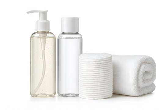 Skincare Products and Cotton Pads with Rolled Towel on White Background