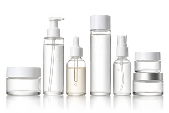 Clear Glass Skincare Bottles and Jars Arranged on White Background