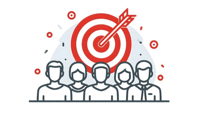 Diverse group of people standing in front of target with arrow symbolizing team success and achieving goals together as unified workforce focused on shared objectives.