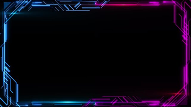 Neon cyber frame background blue circuit borders, black center space, sharp tech corners, glossy light streaks. Perfect for gaming streaming overlays, title cards, software promos, and digital screens