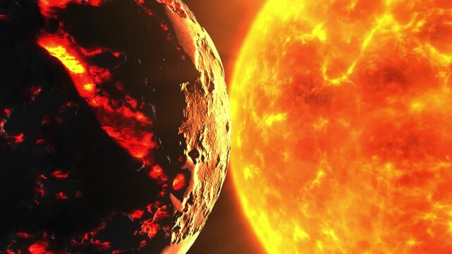 Red giant star illuminating a dying planet surface with hot molten lava rivers in deep space in 4K Ultra HD footage.
