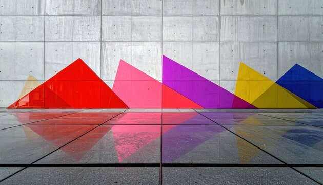 Colorful Geometric Shapes Installation on Concrete Background, Modern Art