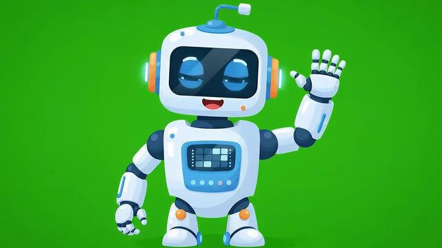 A friendly white and blue cartoon robot with a screen face waves its hand on a vibrant green background, symbolizing artificial intelligence and future technology.