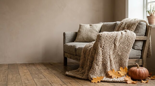Cozy living room corner with comfortable sofa draped in thick knitted throw blanket accompanied by orange pumpkin and fallen autumn leaves on weathered rustic wooden floor planks.