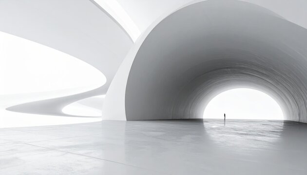 Futuristic White Architecture Hallway Tunnel with Person, Modern Abstract Interior Design