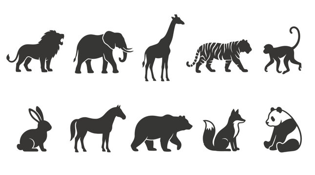 Set of Diverse Wild Animal Silhouettes Featuring Mammals Like Lions Elephants Giraffes Tigers Monkeys Rabbits Horses Bears Foxes and Pandas