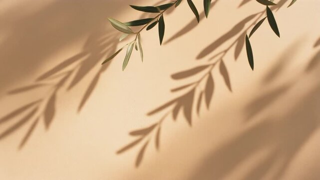 Ultra realistic olive branch shadow overlay drifts across warm beige plaster in Mediterranean sunlight, creating a premium seamless botanical video overlay with elegant natural movement.