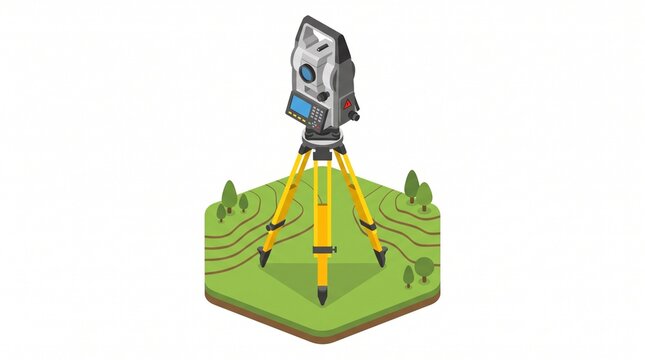 Isometric illustration of a professional theodolite total station on a yellow tripod