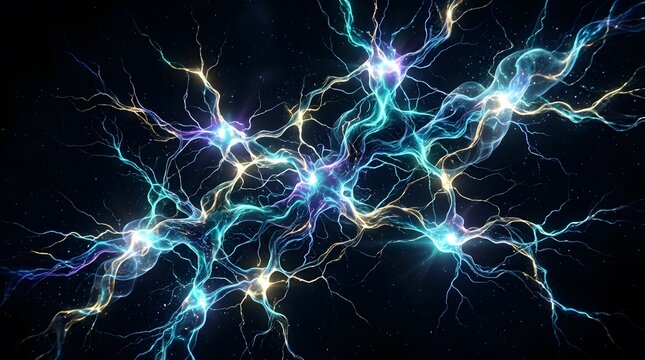 Abstract neural network with glowing blue energy pulses, electric brain cells and synaptic connections, futuristic biotechnology concept