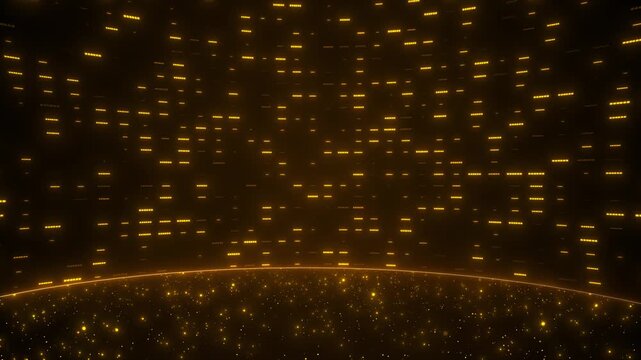 Golden digital horizon background glowing rectangular data marks, floating particles, and dark curved landscape depth. financial videos, technology intros, network visuals, luxury screens,