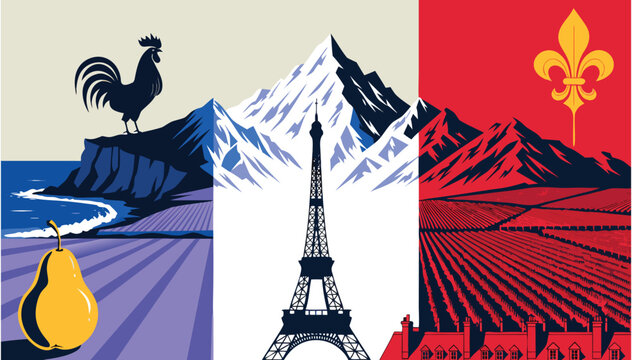 Adobe Illustrator Artwork a stylized tribute to France, using the vertical blue, white, and red bands of the French tricolor flag as its background grid