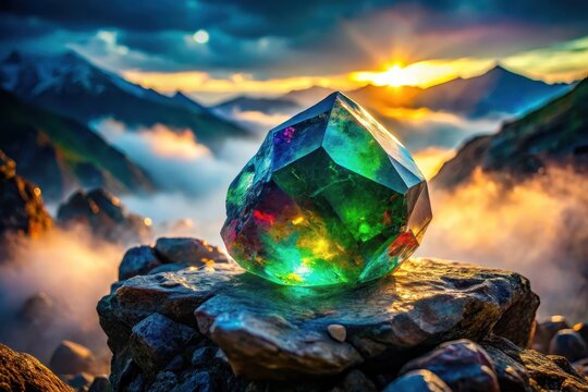 Radiant gemstone resting on rugged rocks at sunset, reflecting vibrant hues of the golden hour