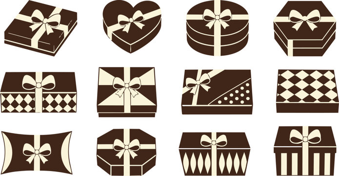 Various elegant gift boxes with ribbons and bows illustration set