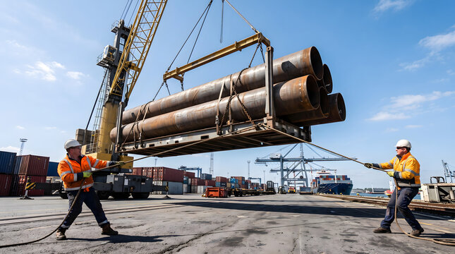 Industrial workers guiding heavy steel pipes with a crane at a busy port.