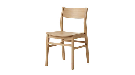 Fototapeta premium A single wooden chair with a horizontal backrest slat and four legs, isolated on a white background, viewed from a front side perspective