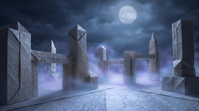 Surreal night landscape featuring ancient stone monoliths under a full moon with mystical fog