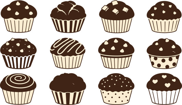 Assorted Chocolate Muffins Cupcakes Vector Illustration Set White Background