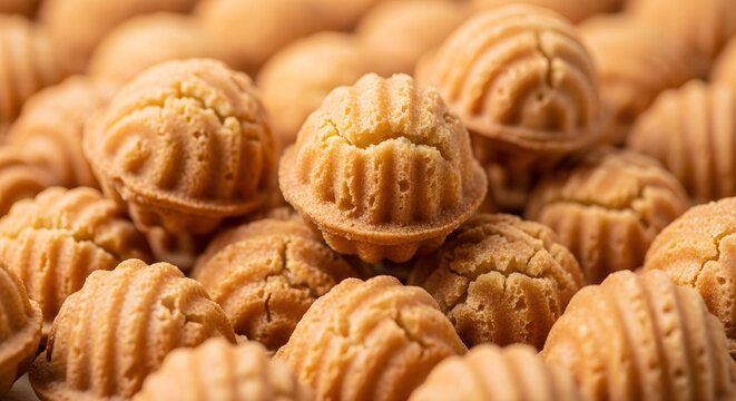 Full screen stacks of Malaysian madeleine like cakes which is bahulu. Also known as baulu, these egg sponge cakes are best enjoyed with a hot cup of tea or as traditional dessert meal