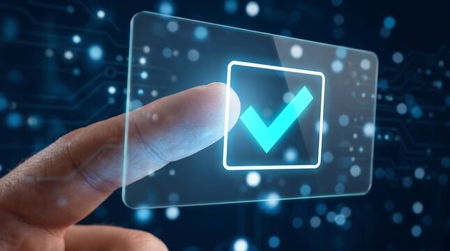 Finger pressing digital touch screen displaying glowing check mark icon for business validation and success approval concepts on futuristic dark blue network technology background