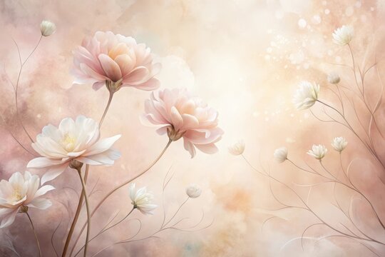 An Elegant Arrangement of Delicate Peach and White Blooms on a Softly Hues Background Featuring Artistic Renderings of Flowers with Subdued Tones and a Dreamlike Atmosphere