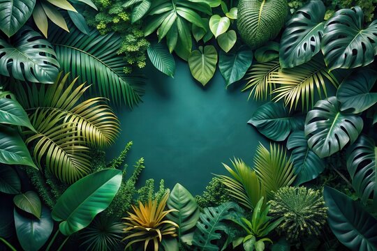Lush Tropical Foliage Creates a Vibrant Green Border Surrounding a Dark Teal Background, Ideal for Nature-Inspired Designs and Projects