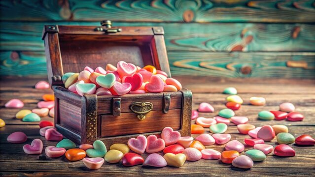 A wooden treasure chest overflowing with pastel heart-shaped candies spills onto a rustic wooden surface