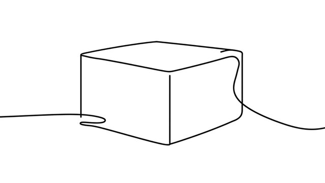 Simple line art cube with string on white background.