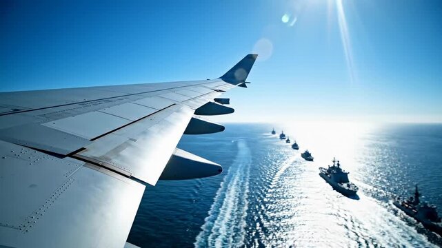 Aerial view from airplane wing showcasing multiple ships navigating through the shimmering ocean waters under a clear blue sky with bright sunlight reflecting off the surface