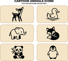 Obraz premium A assortment of cute cartoon animals illustrated as minimalist flat black vector icons for children layout projects or educational print materials.