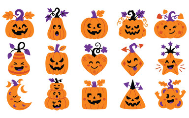 Naklejka premium Festive halloween pumpkins collection cute jack o' lantern faces for spooky season designs