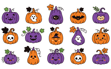 Fototapeta premium Kawaii halloween pumpkins adorable vector illustrations for spooky season designs